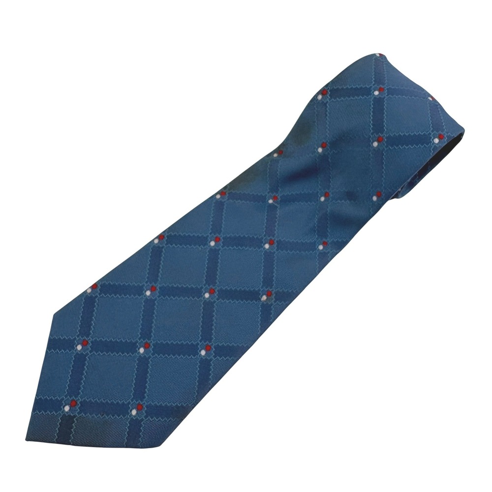 Vintage 70s John Blair Blue Tie Geometric Grid Plaid Check Dacron Polyester